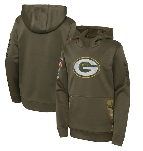 Youth Green Bay Packers 2022 Olive Salute to Service Therma Performance Pullover Hoodie